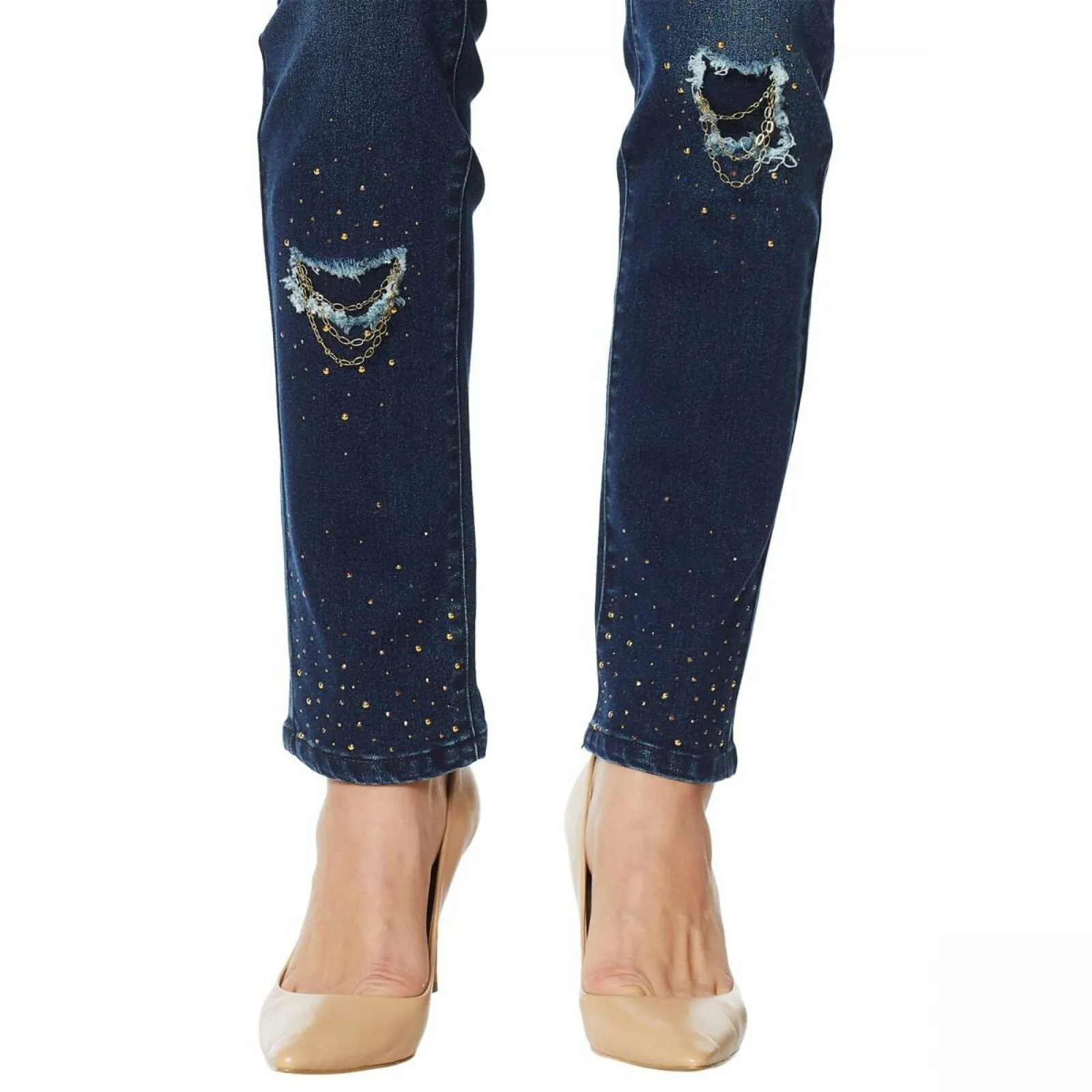 DG2 by Diane Gilman Women's Petite Stretch Embellished Destructed Skinny Jeans