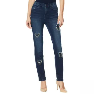 DG2 by Diane Gilman Women's Petite Stretch Embellished Destructed Skinny Jeans