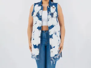 Distressed Long Denim Vest