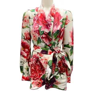 Dolce & Gabbana White Multi Floral Printed Silk Wrap Top