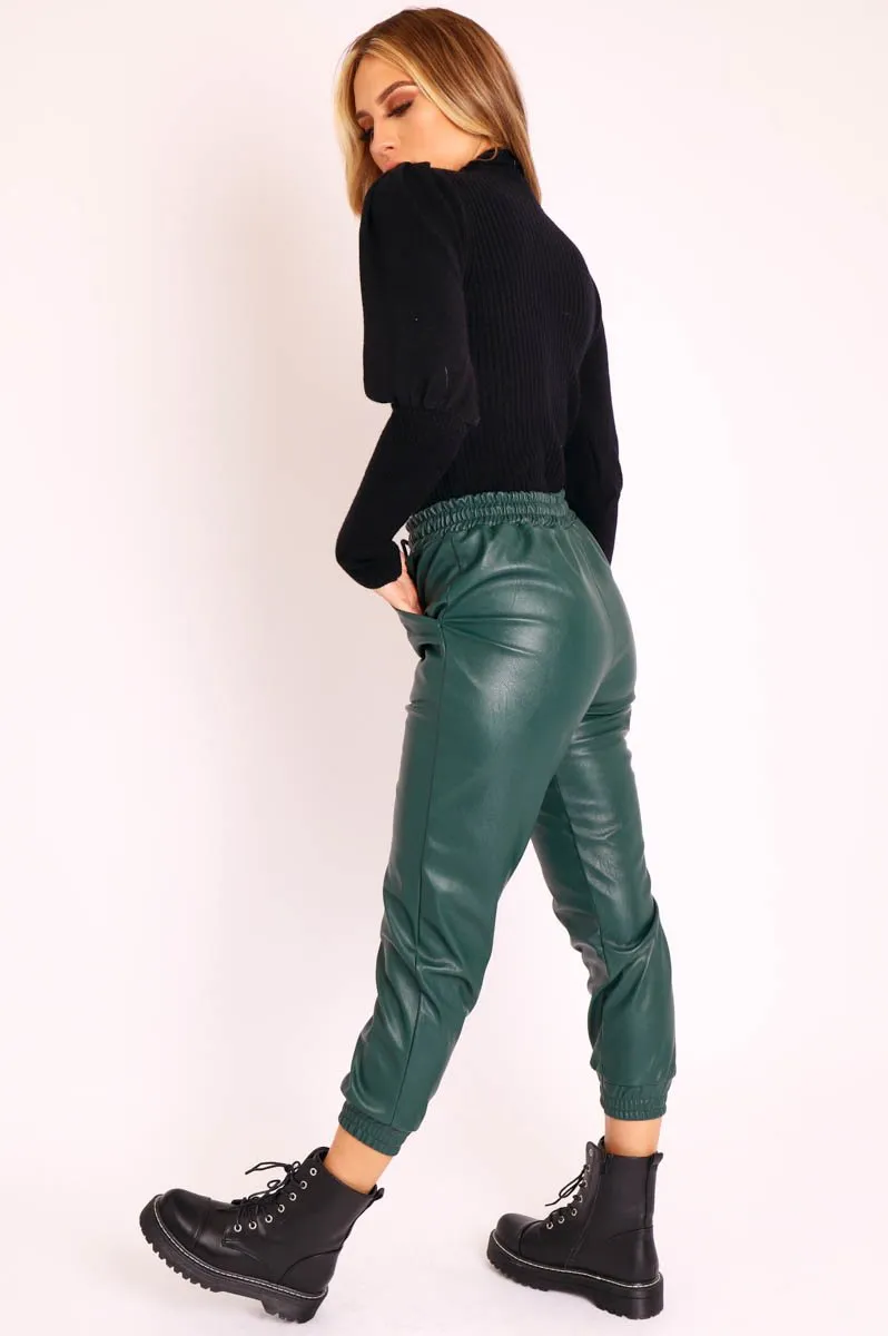 Emerald Faux Leather Drawstring Waist Joggers - Persia