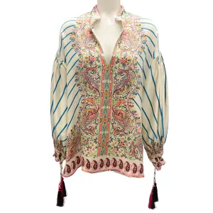 Etro Ivory Multi Paisley Printed Tassel Detail Silk Blouse