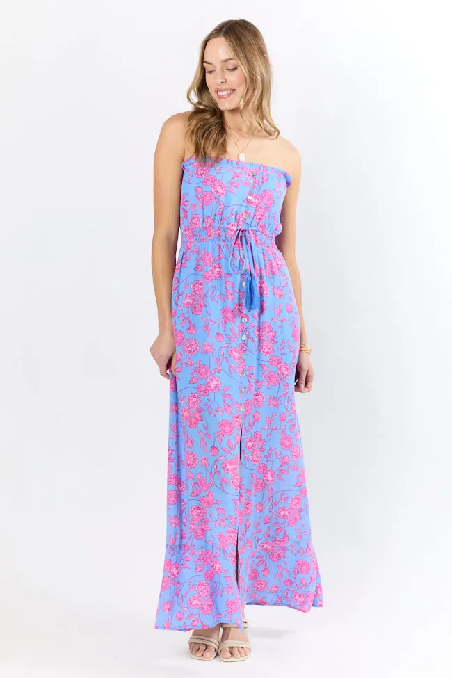 Floral Oasis Blue and Pink Strapless Printed Maxi Dress