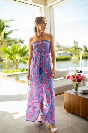 Floral Oasis Blue and Pink Strapless Printed Maxi Dress