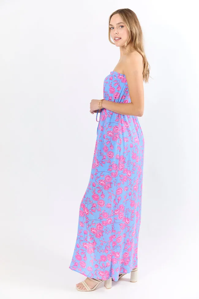 Floral Oasis Blue and Pink Strapless Printed Maxi Dress
