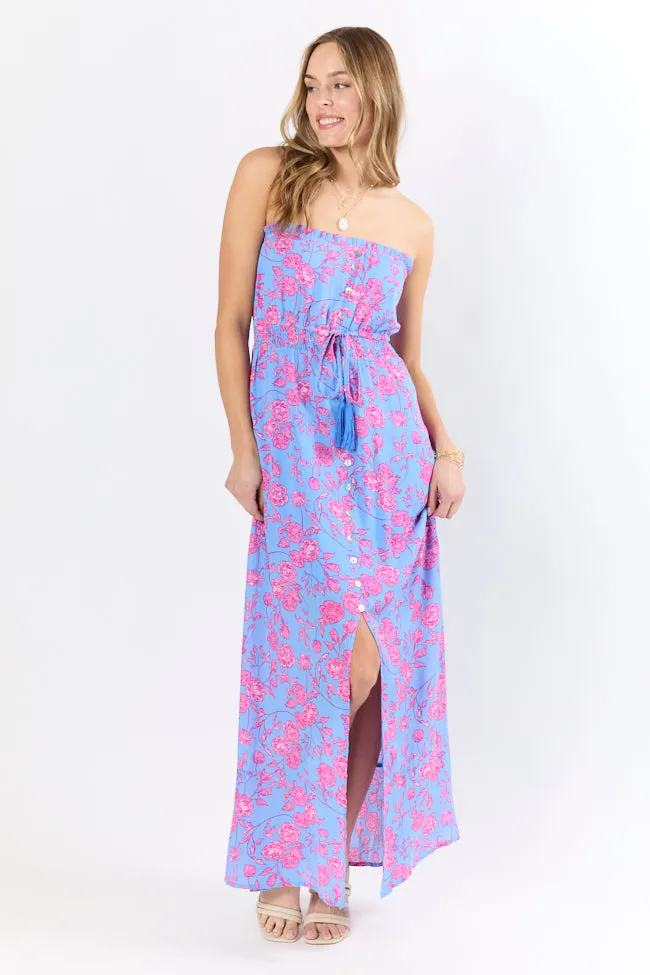 Floral Oasis Blue and Pink Strapless Printed Maxi Dress