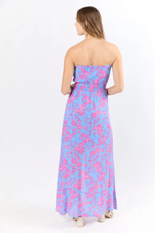 Floral Oasis Blue and Pink Strapless Printed Maxi Dress