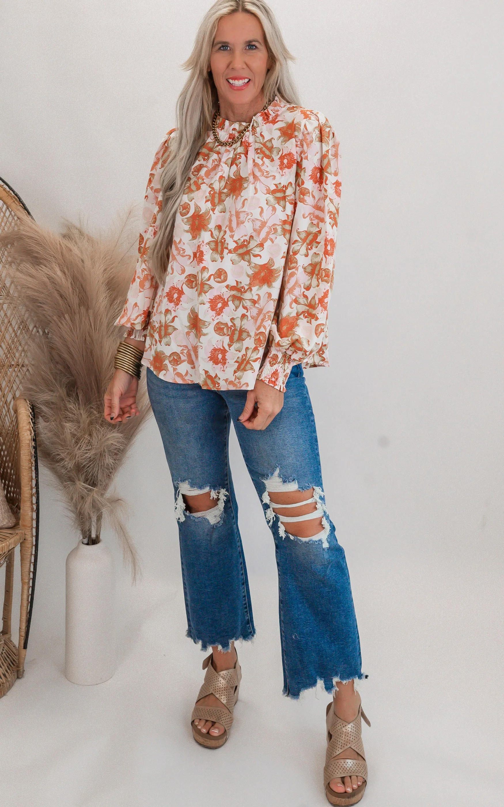 Floral Print Long Sleeve Mock Neck Blouse Top** - Final Sale