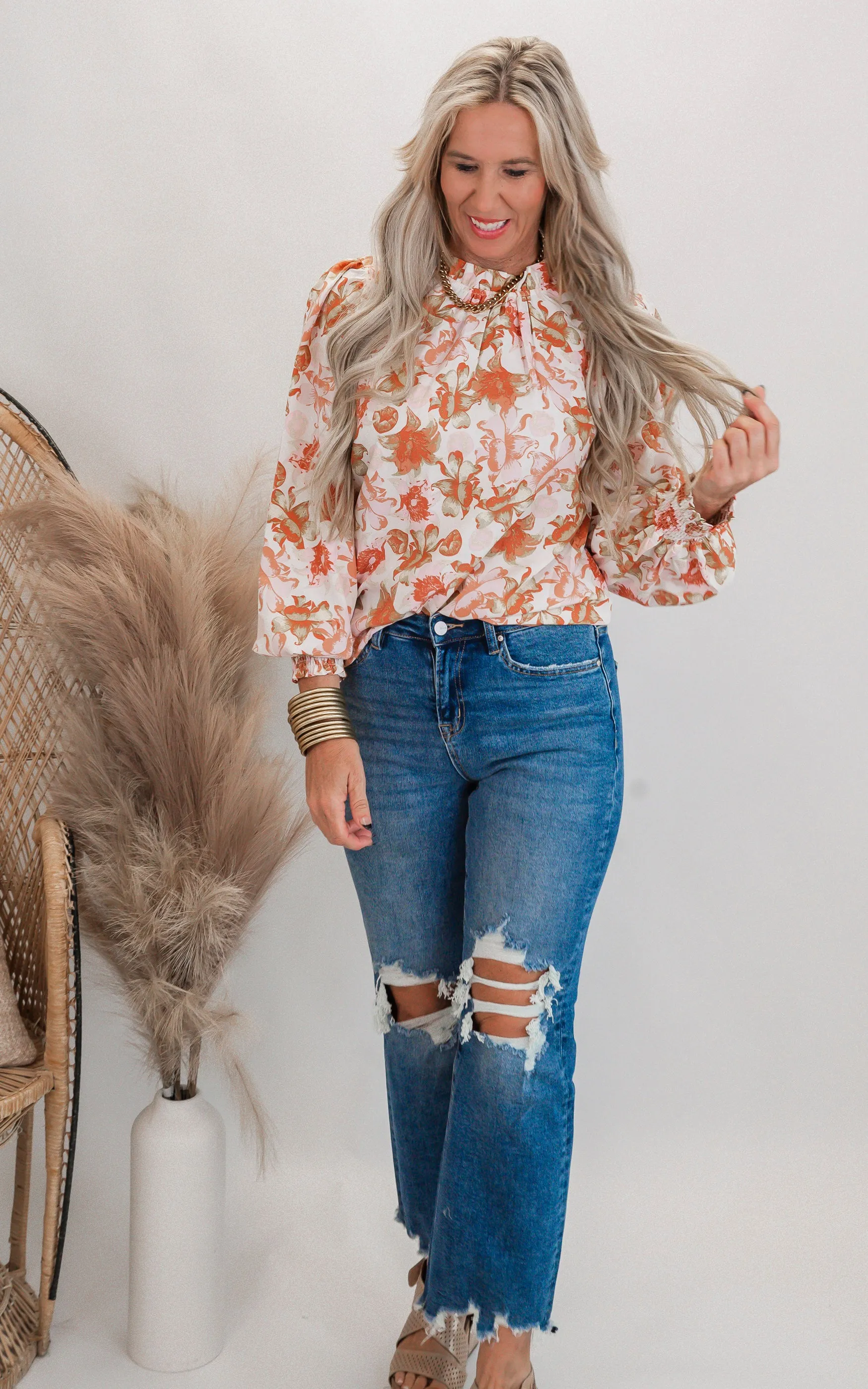 Floral Print Long Sleeve Mock Neck Blouse Top** - Final Sale