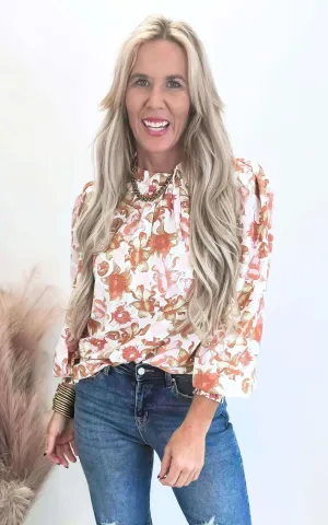 Floral Print Long Sleeve Mock Neck Blouse Top** - Final Sale