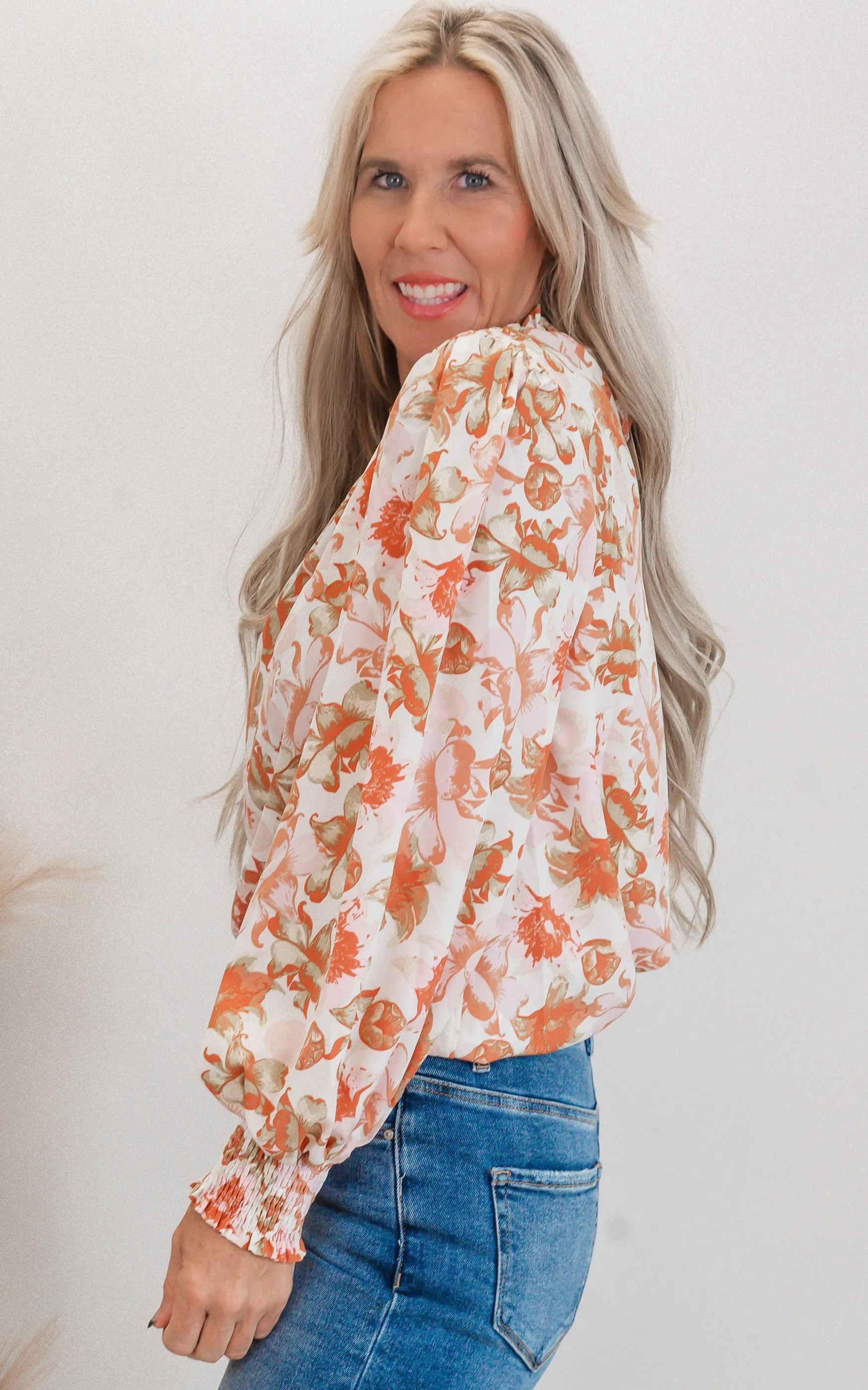 Floral Print Long Sleeve Mock Neck Blouse Top** - Final Sale