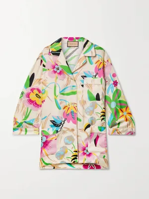 Floral-print silk-twill shirt