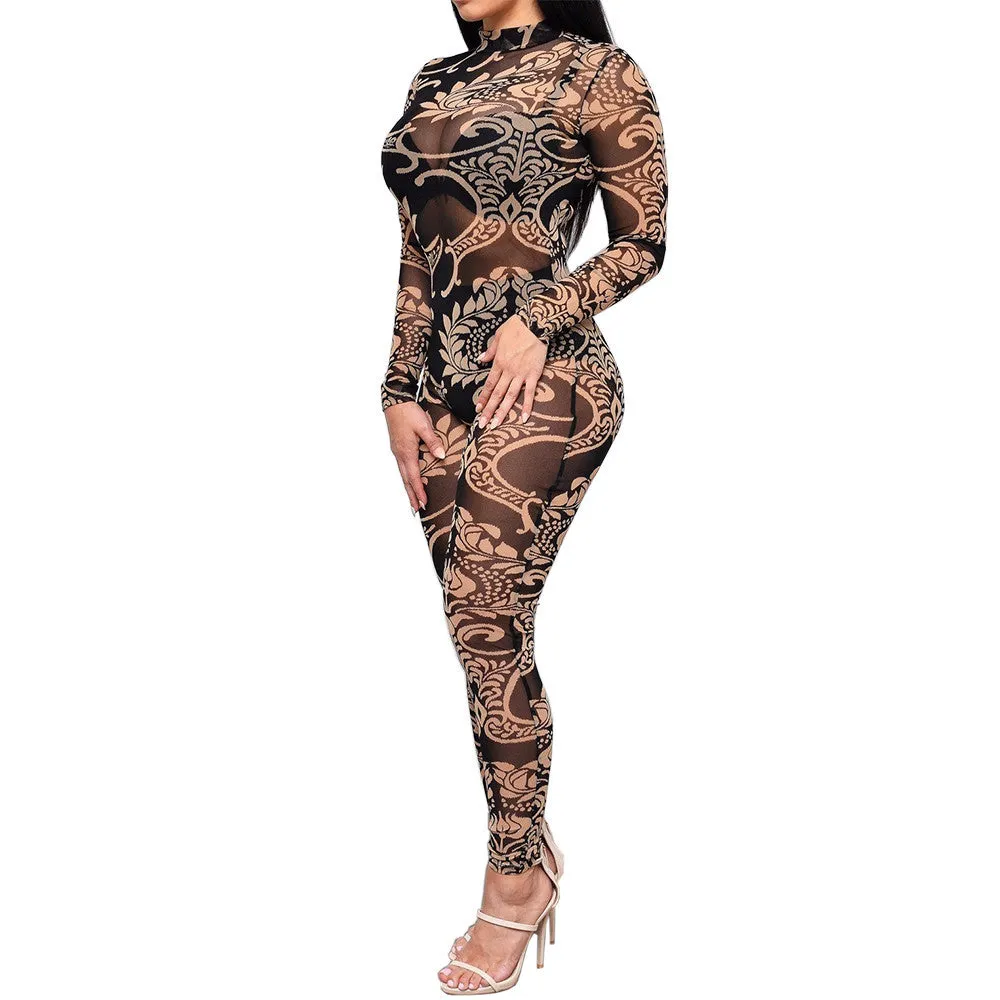 Floral Printed Sheer Mesh Jumpsuit Bodysuit