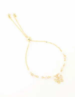 Gold Plated Cubic Zirconia Pearl Semi Precious Butterfly Toggle Bracelet