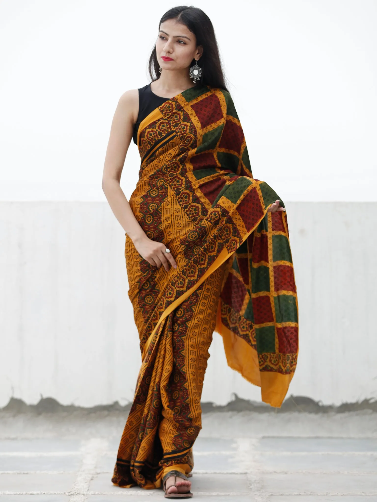 Gold Yellow Green Marooon Black Ajrakh Hand Block Printed Modal Silk Saree in Natural Colors - S031703711