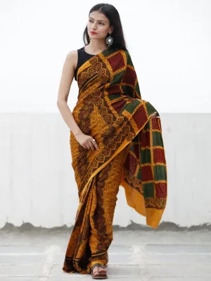 Gold Yellow Green Marooon Black Ajrakh Hand Block Printed Modal Silk Saree in Natural Colors - S031703711