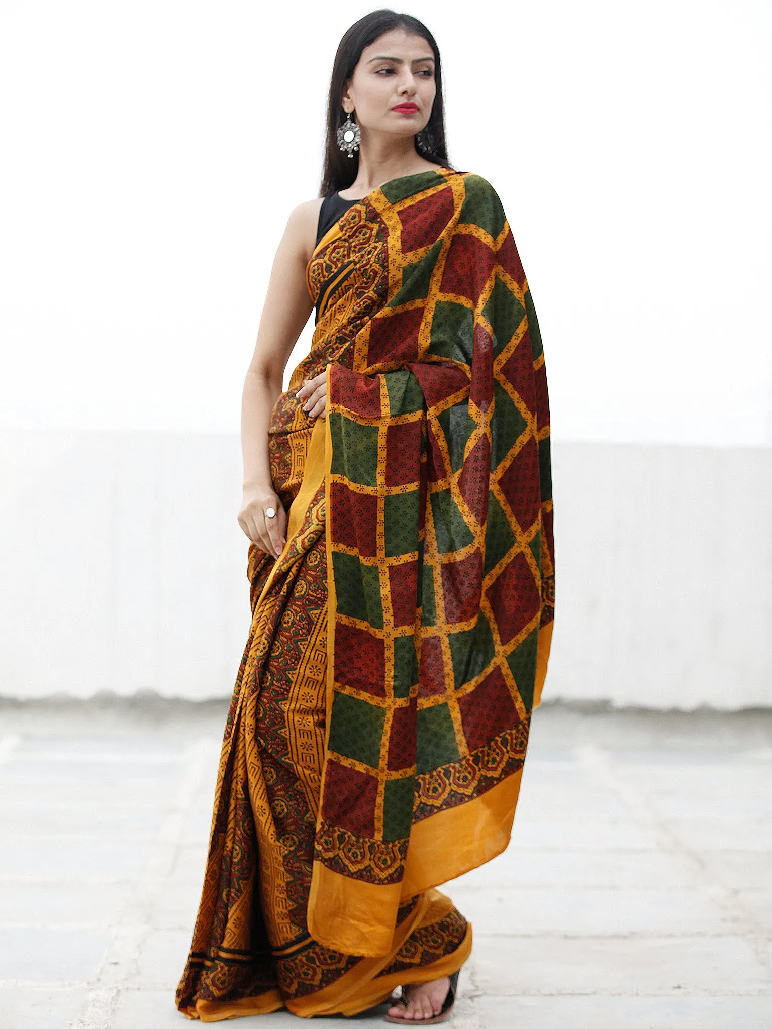 Gold Yellow Green Marooon Black Ajrakh Hand Block Printed Modal Silk Saree in Natural Colors - S031703711