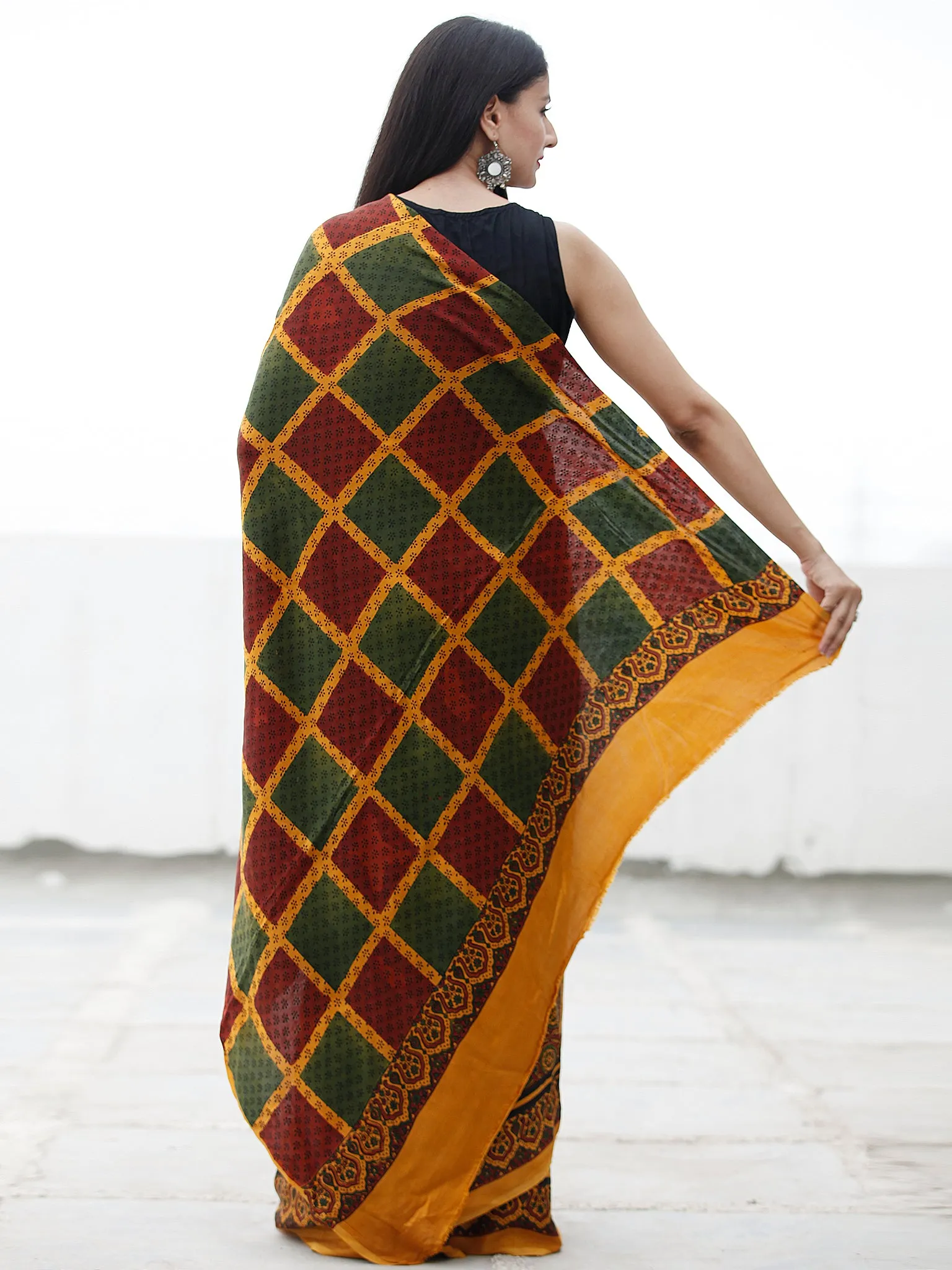Gold Yellow Green Marooon Black Ajrakh Hand Block Printed Modal Silk Saree in Natural Colors - S031703711