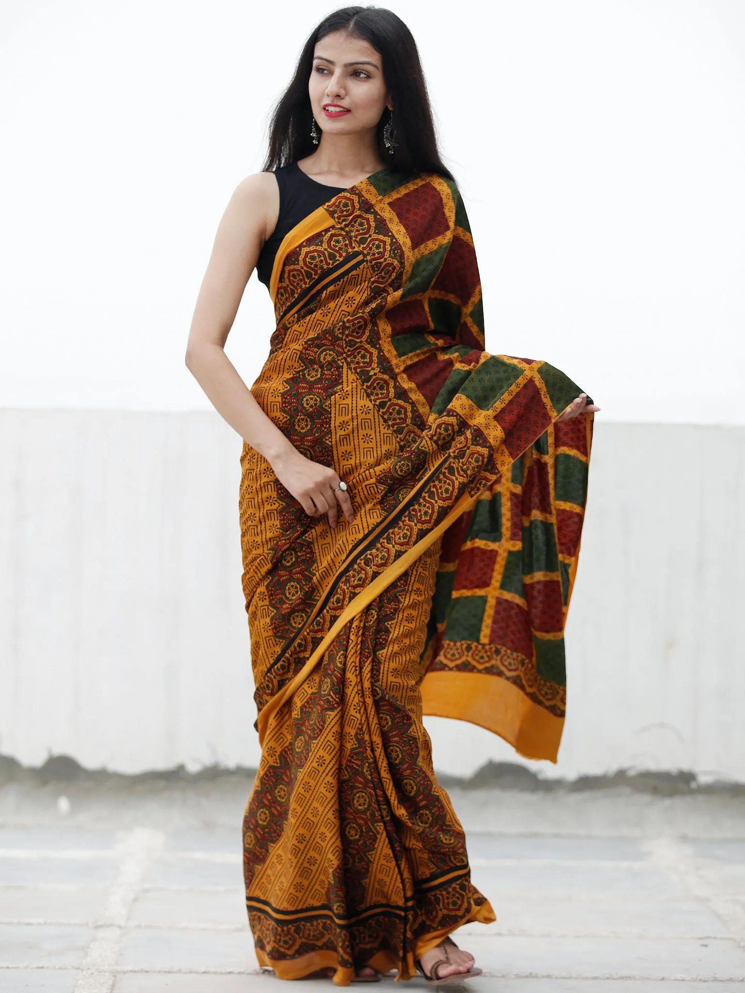 Gold Yellow Green Marooon Black Ajrakh Hand Block Printed Modal Silk Saree in Natural Colors - S031703711