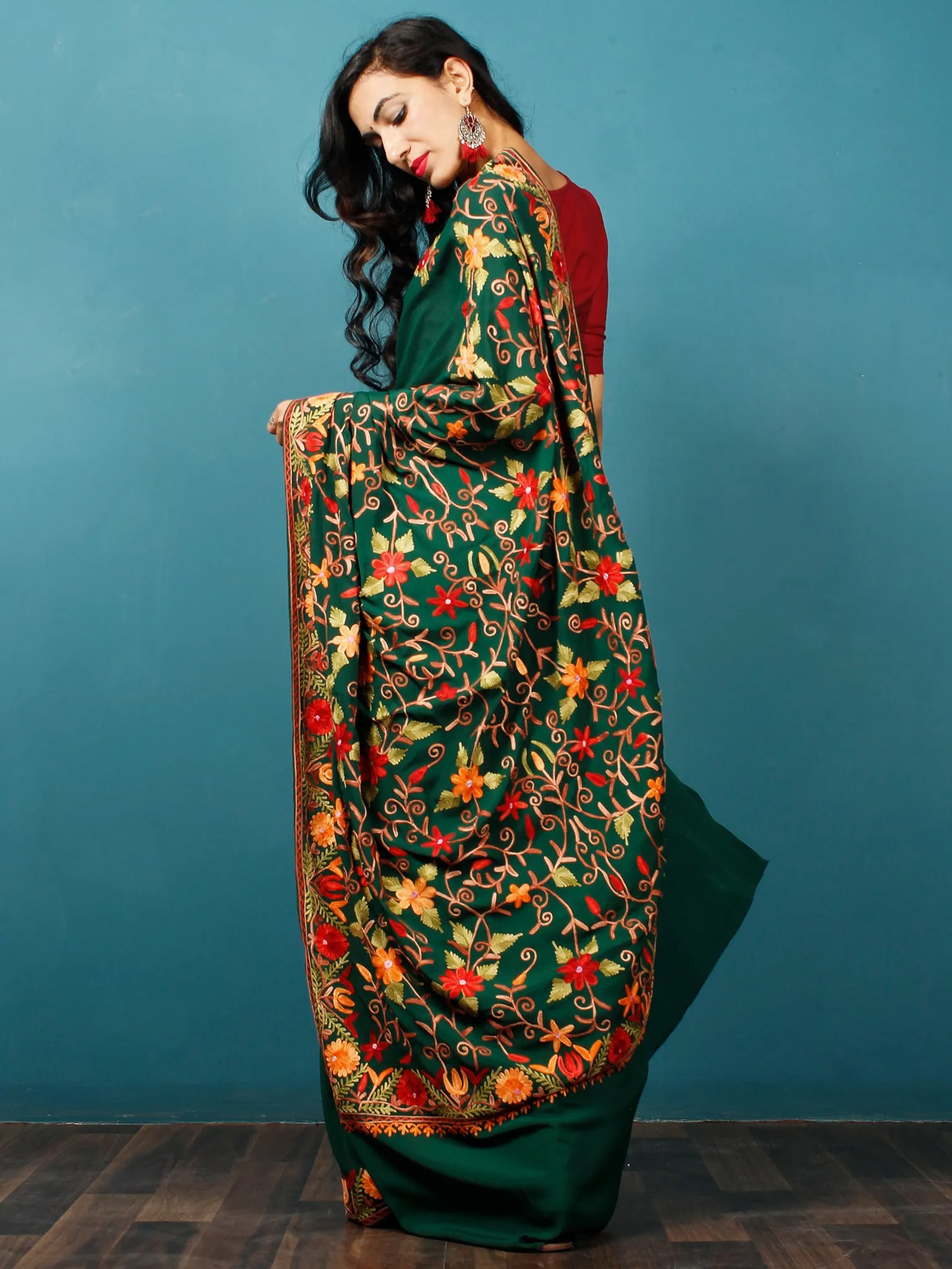 Green Peach Red Brown Aari Embroidered Crepe Silk Saree From Kashmir  - S031703061