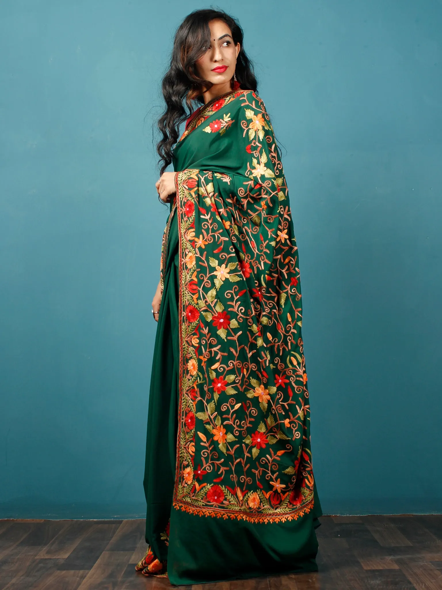 Green Peach Red Brown Aari Embroidered Crepe Silk Saree From Kashmir  - S031703061