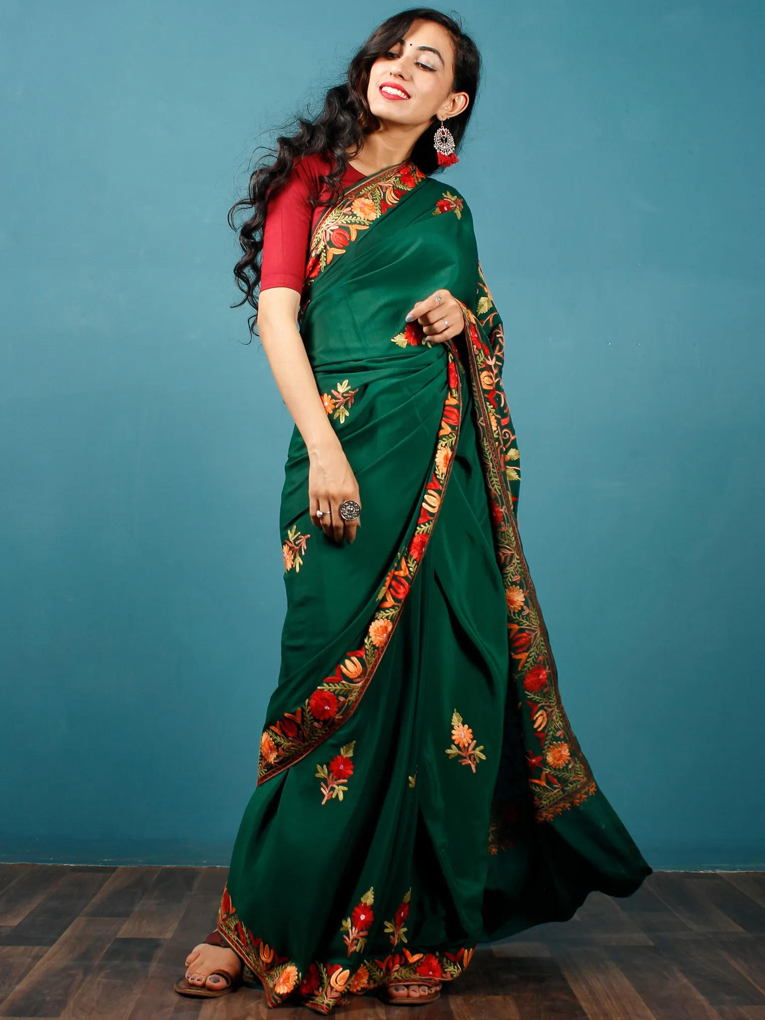 Green Peach Red Brown Aari Embroidered Crepe Silk Saree From Kashmir  - S031703061