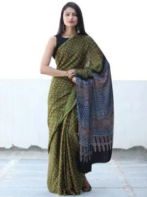 Green Rust Indigo Black Bandhej Modal Silk Saree With Ajrakh Printed Pallu & Blouse - S031703880