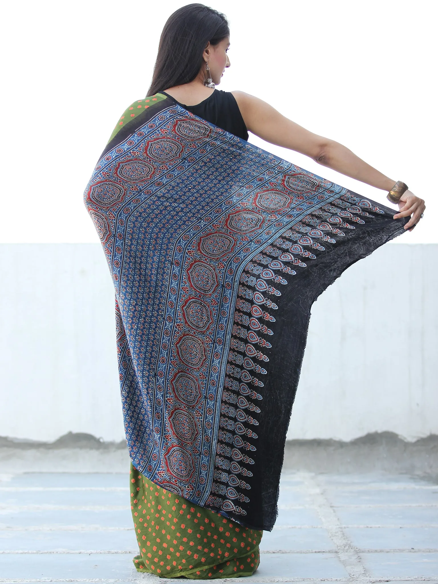 Green Rust Indigo Black Bandhej Modal Silk Saree With Ajrakh Printed Pallu & Blouse - S031703880