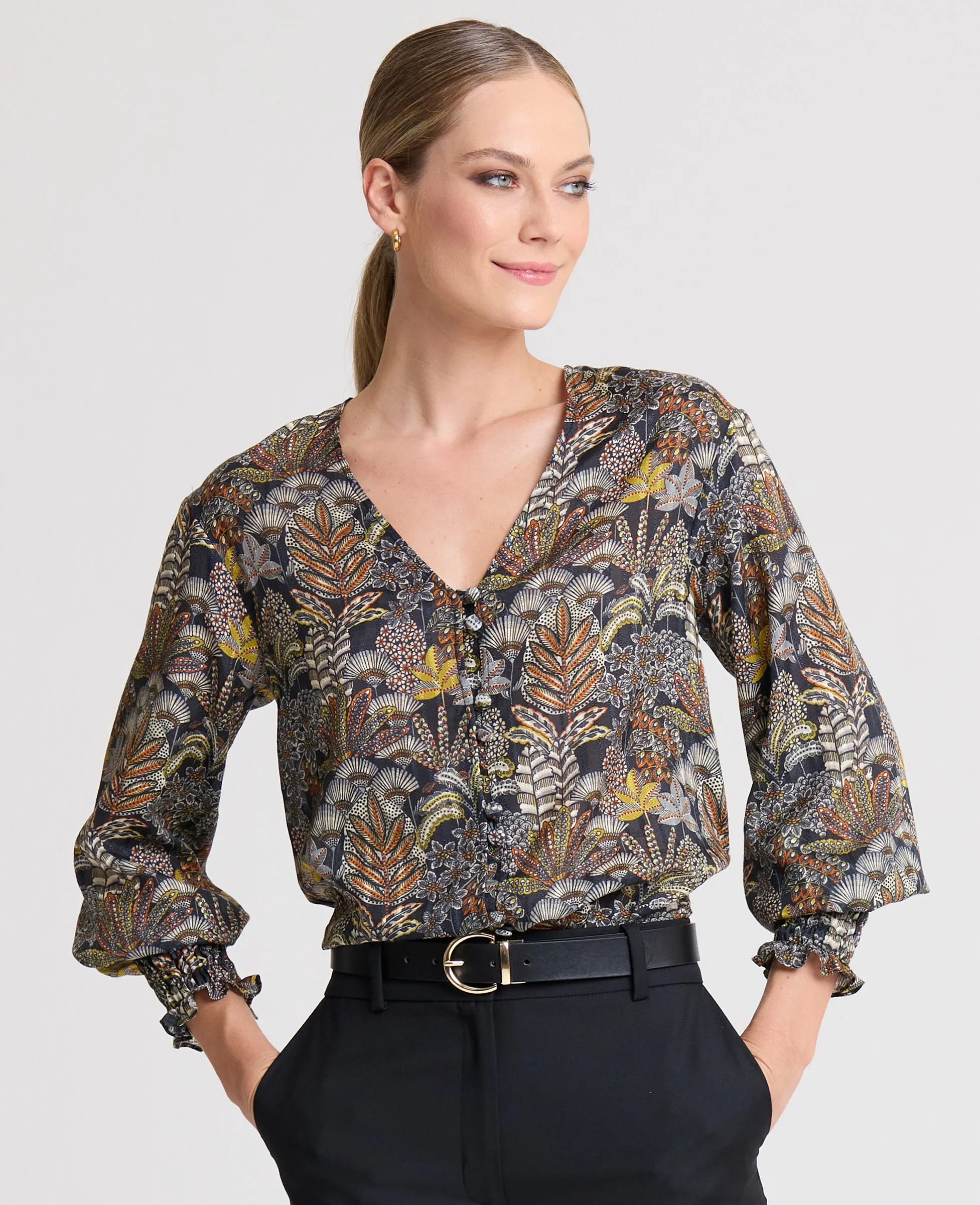 Hailey V-Neck Blouse with Smocked Cuffs