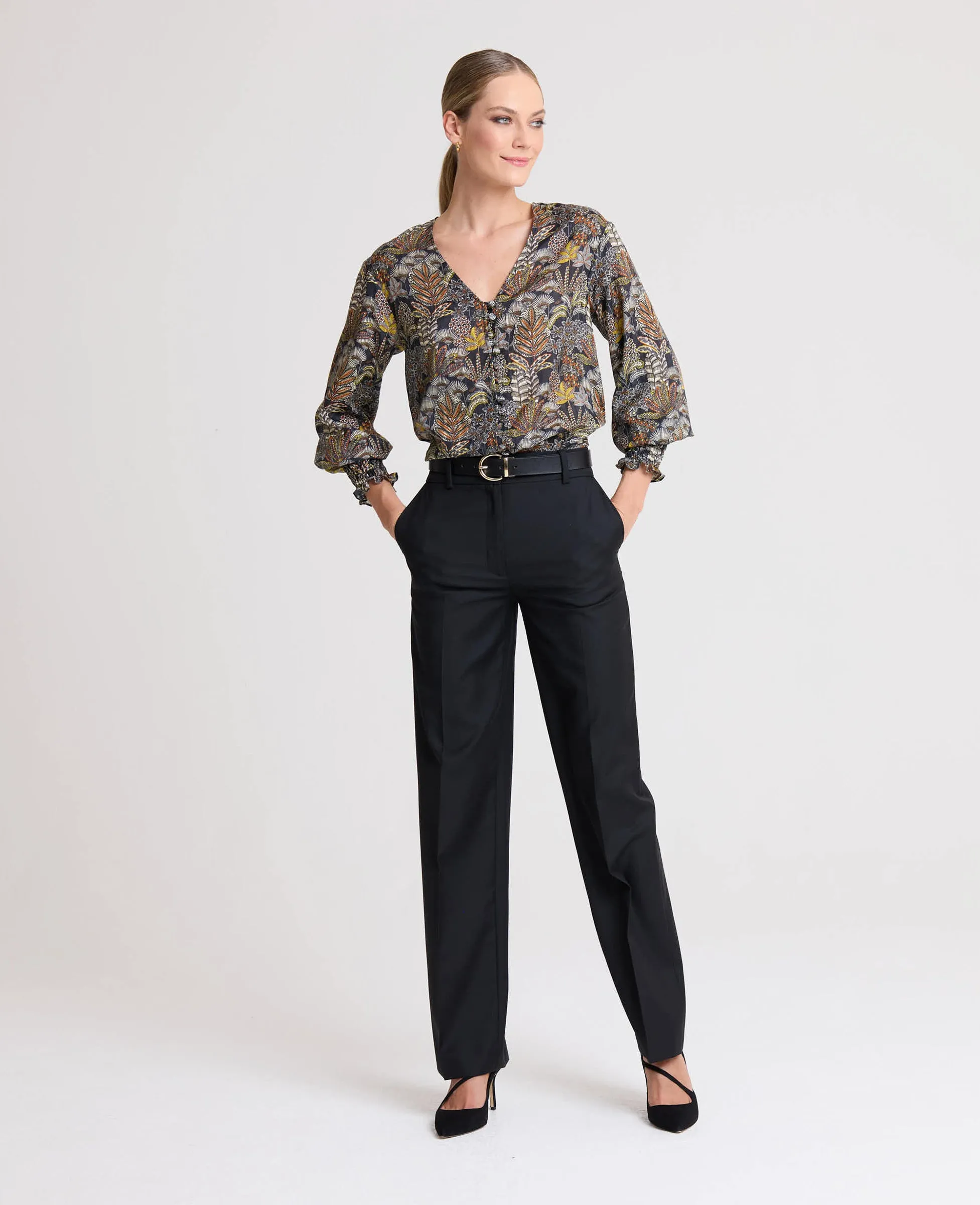 Hailey V-Neck Blouse with Smocked Cuffs