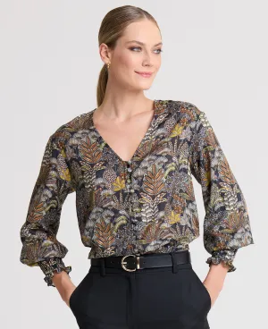 Hailey V-Neck Blouse with Smocked Cuffs