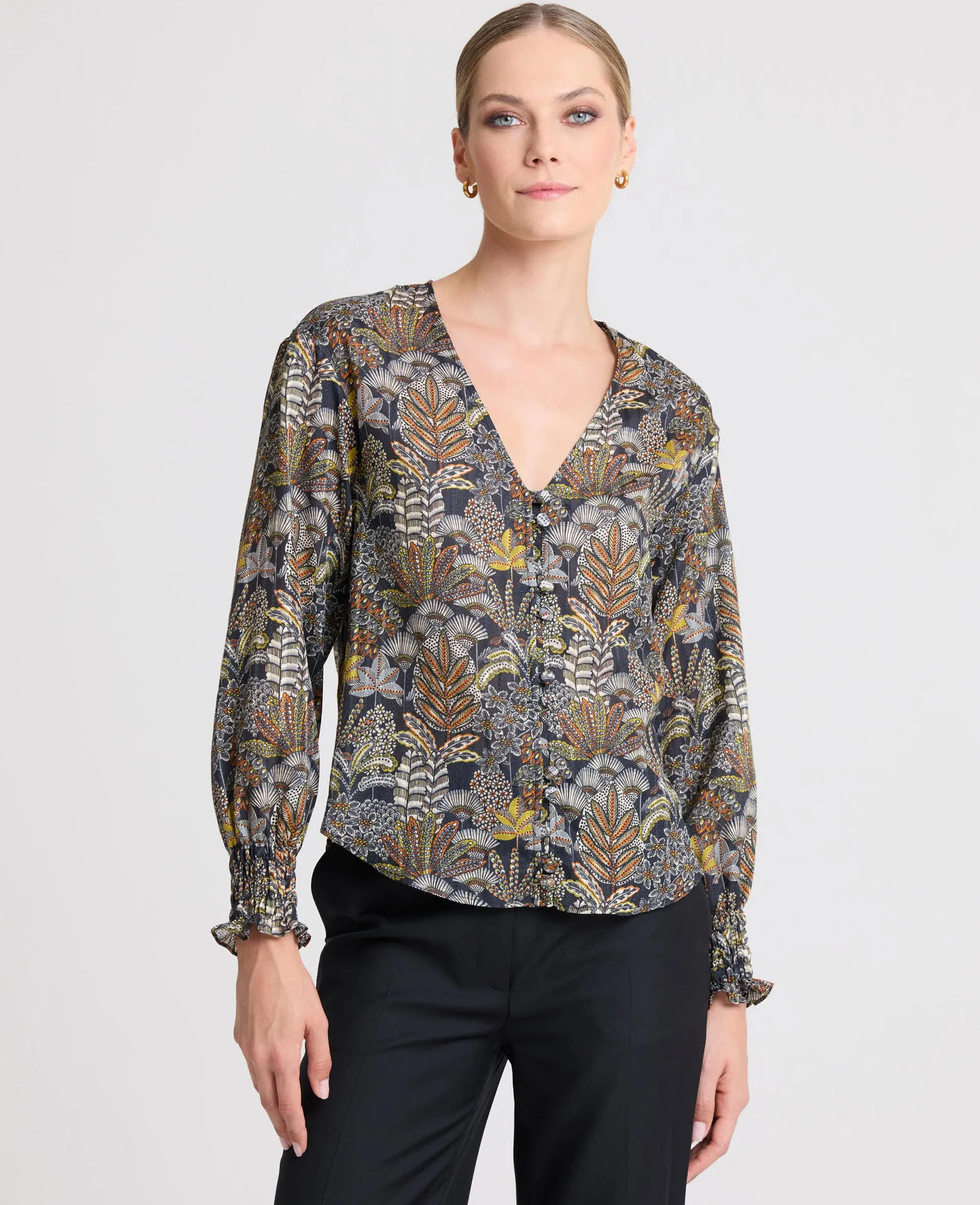 Hailey V-Neck Blouse with Smocked Cuffs