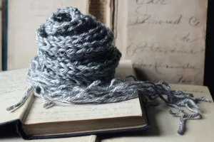 Hand Crocheted Ribbon Scarf. wild & willow Collection. "Thundercloud".