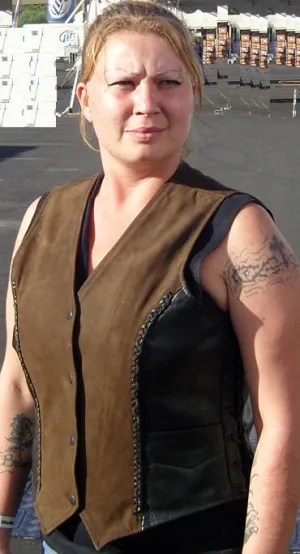HL14347 Vintage Two Tone Nubuck Brown and Black Leather Club Style Women Motorcycle Vest
