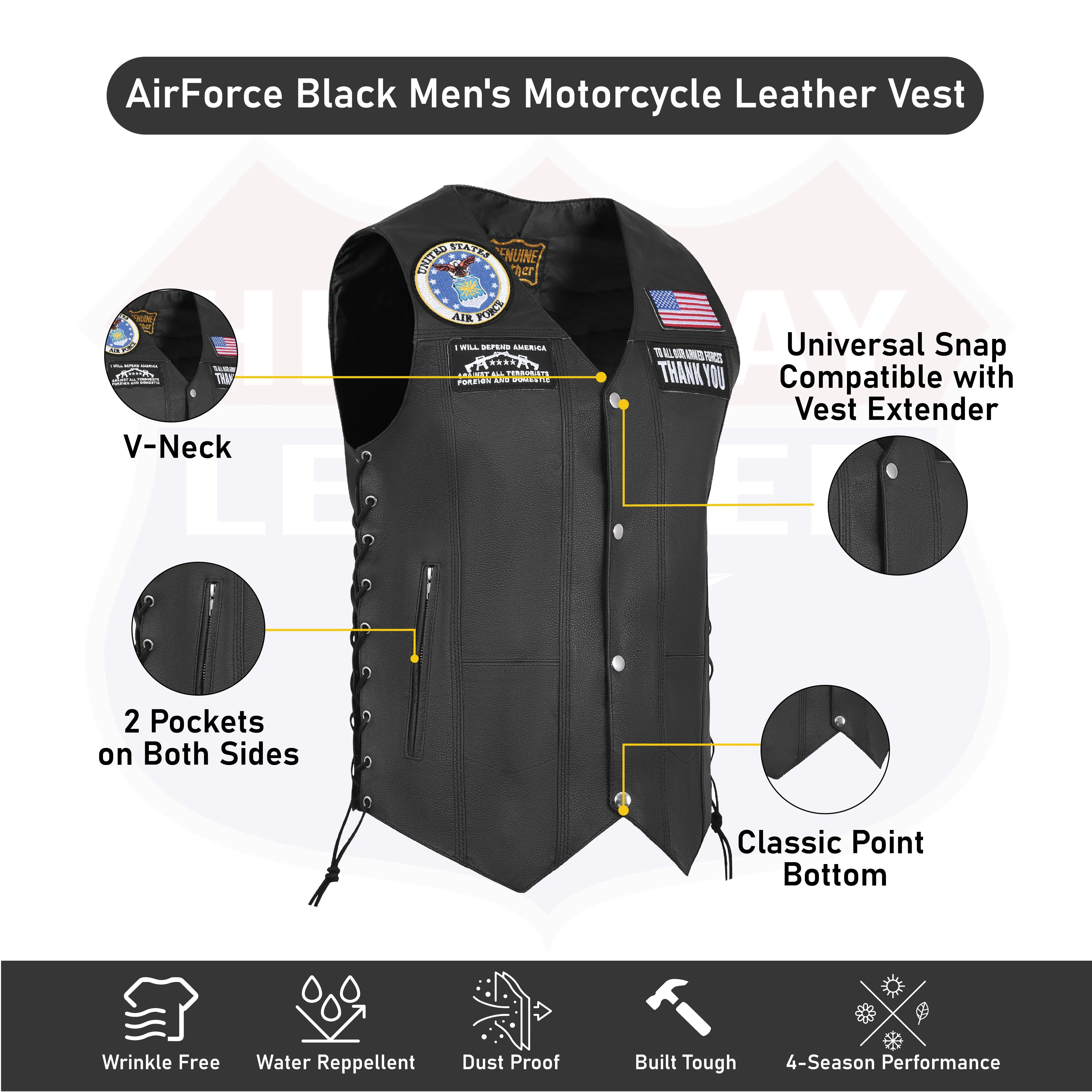 HL3540AIRFORCE Black Men's Genuine Leather 10 Pockets Motorcycle Biker Vest ANARCHY Black SOA