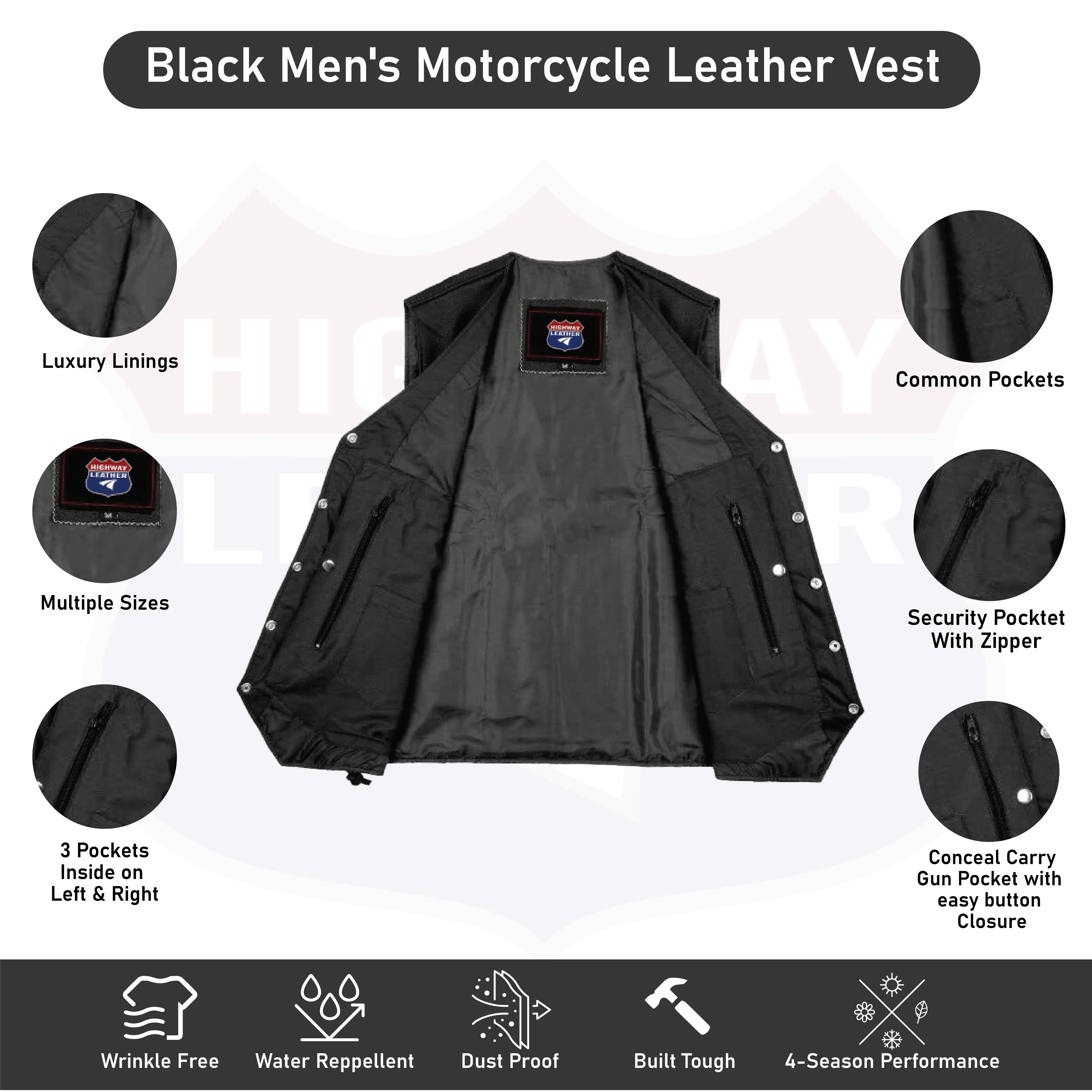 HL3540AIRFORCE Black Men's Genuine Leather 10 Pockets Motorcycle Biker Vest ANARCHY Black SOA