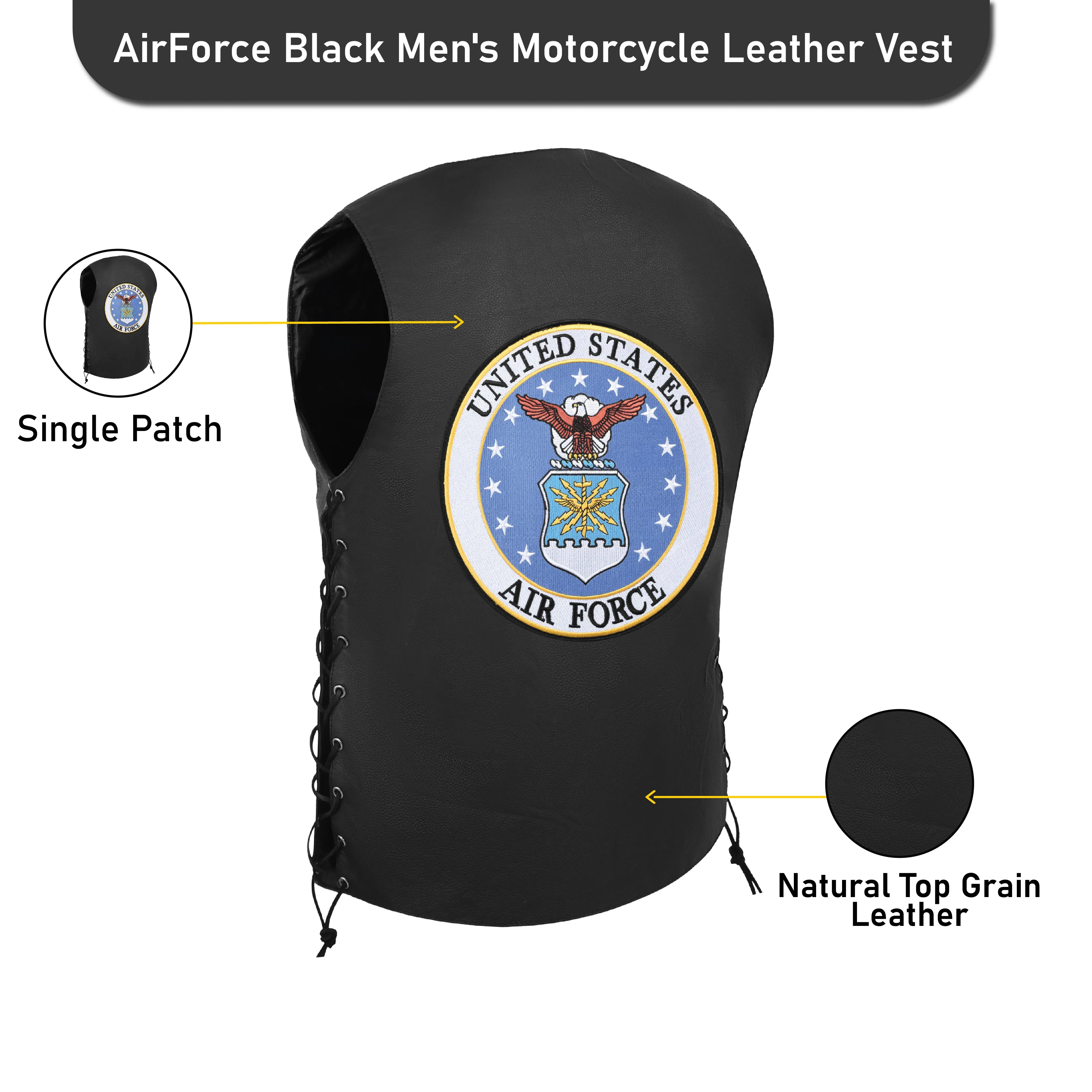 HL3540AIRFORCE Black Men's Genuine Leather 10 Pockets Motorcycle Biker Vest ANARCHY Black SOA
