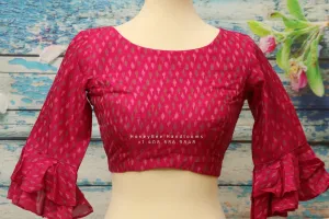 Ikkat blouse indian,Latest indian blouse designs,saree blouse designs indian,saree stitched blouse,patterned blouse,ruffle sleeve