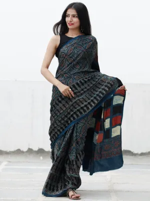 Indigo Black Maroon Ivory Ajrakh Hand Block Printed Modal Silk Saree in Natural Colors - S031703704