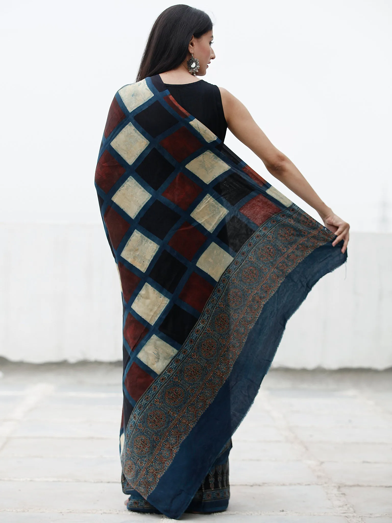 Indigo Black Maroon Ivory Ajrakh Hand Block Printed Modal Silk Saree in Natural Colors - S031703704