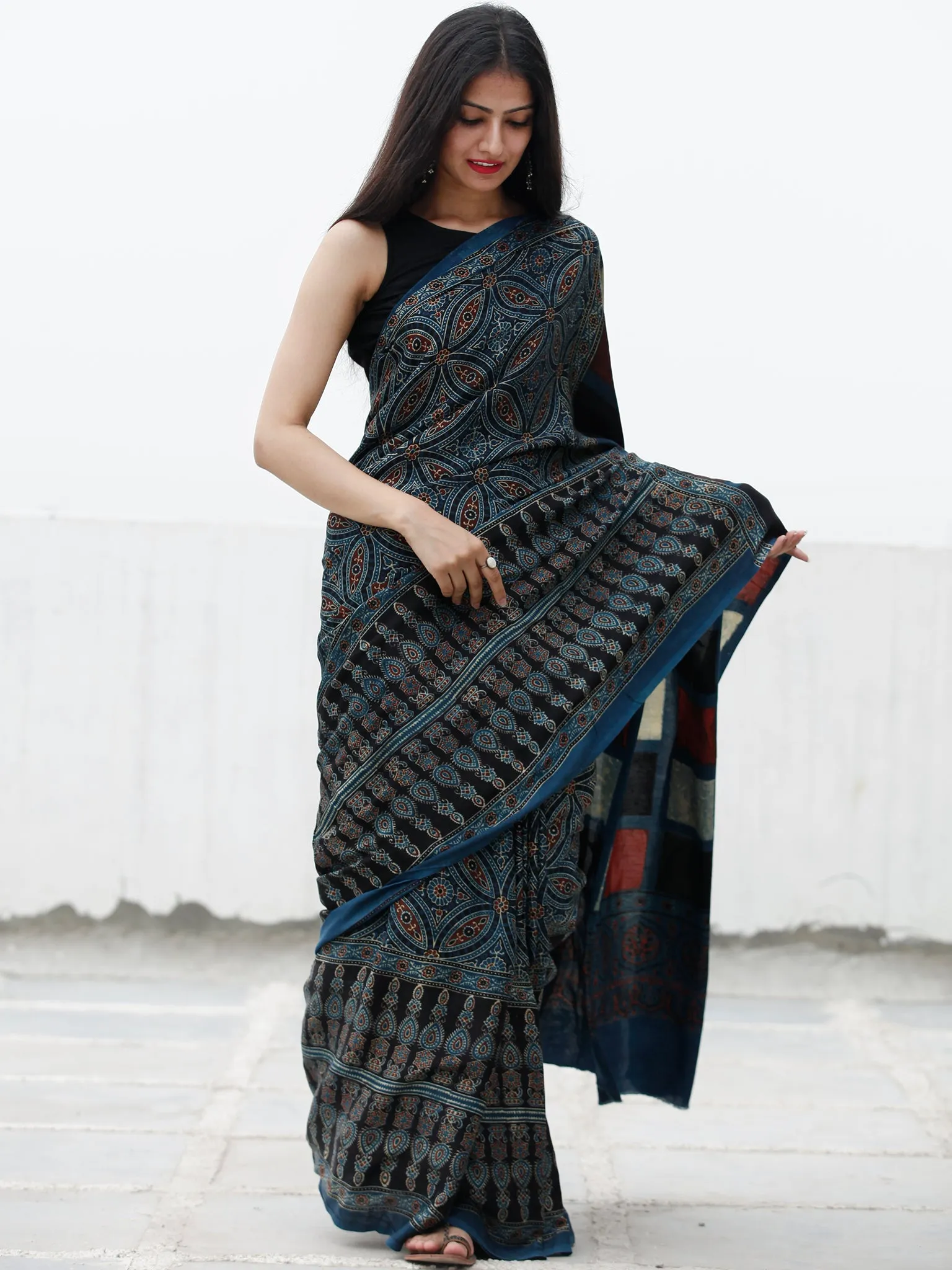 Indigo Black Maroon Ivory Ajrakh Hand Block Printed Modal Silk Saree in Natural Colors - S031703704