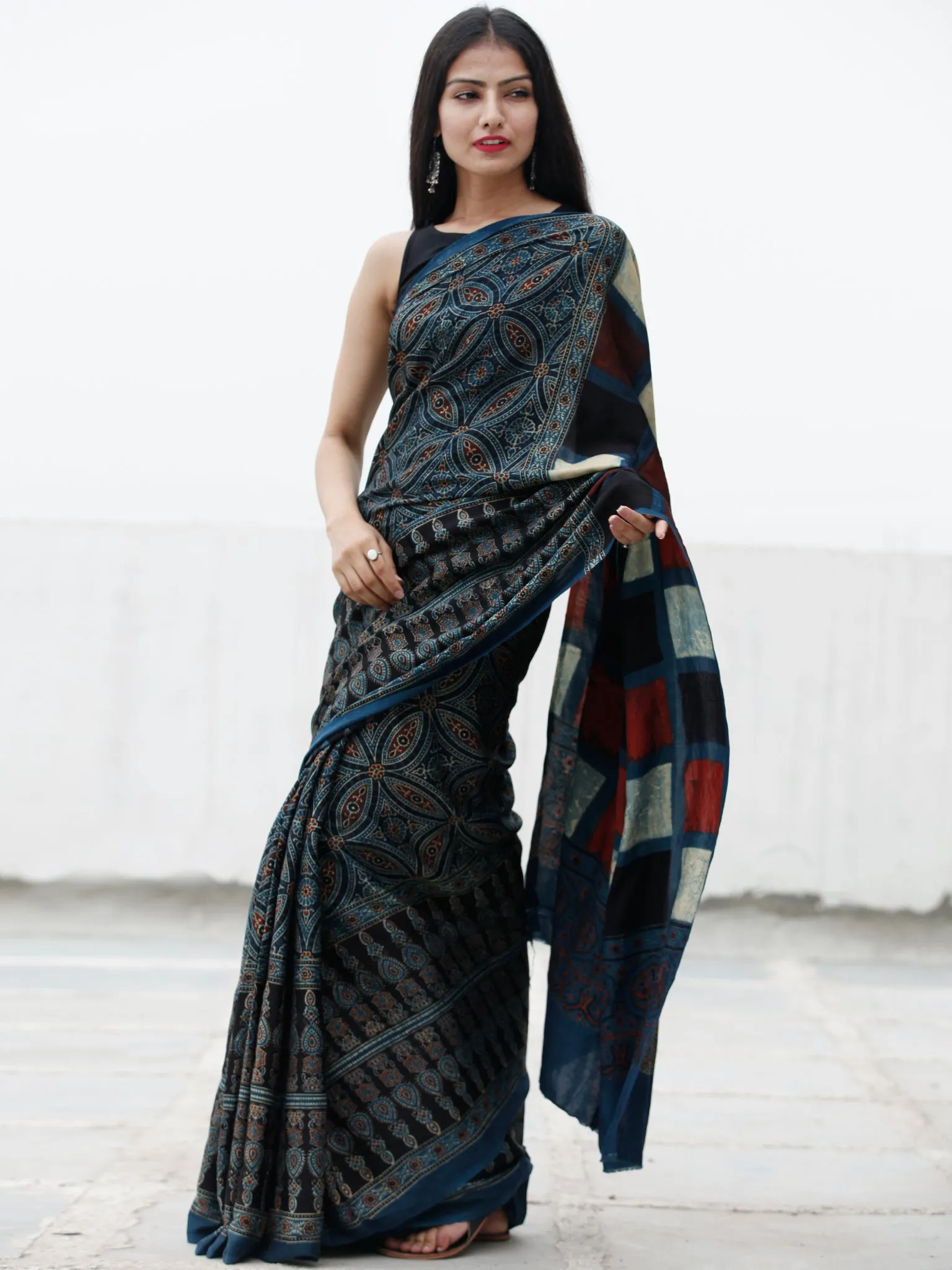 Indigo Black Maroon Ivory Ajrakh Hand Block Printed Modal Silk Saree in Natural Colors - S031703704