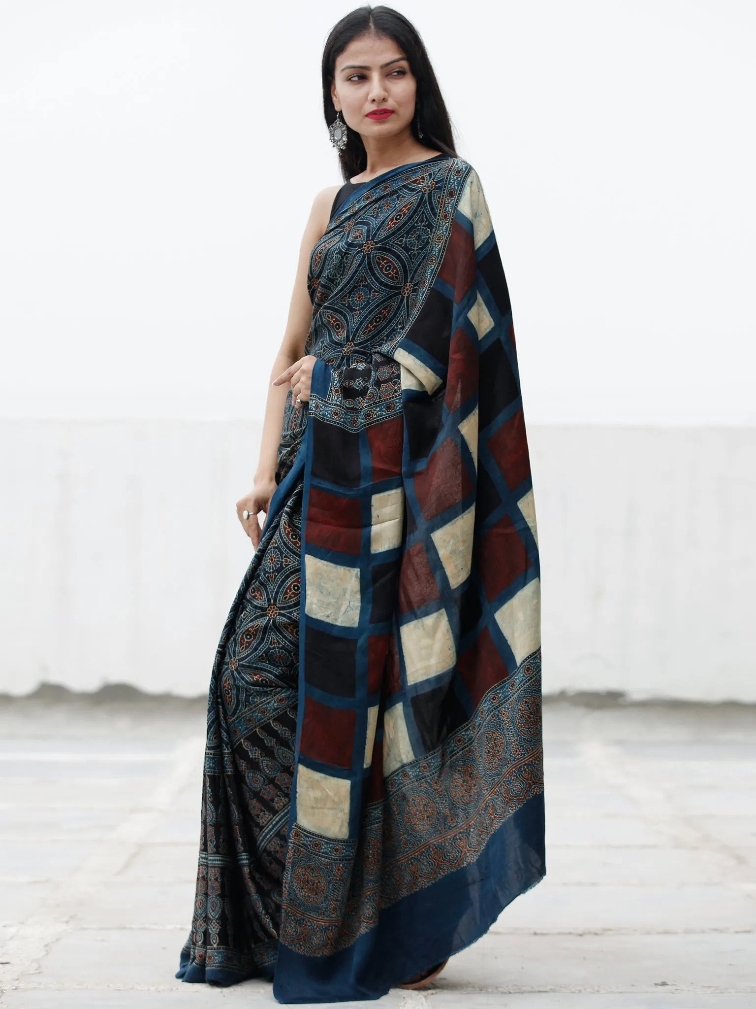 Indigo Black Maroon Ivory Ajrakh Hand Block Printed Modal Silk Saree in Natural Colors - S031703704