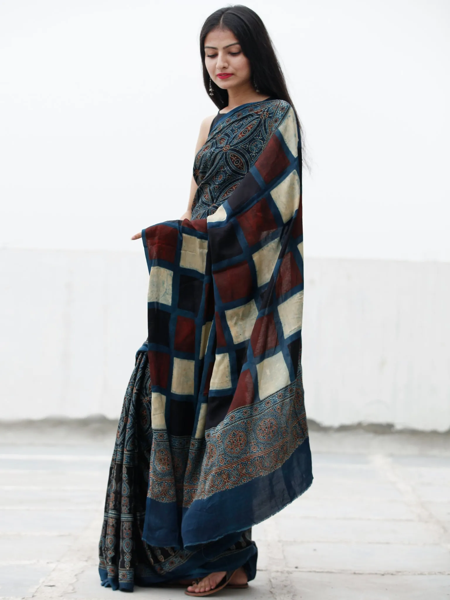Indigo Black Maroon Ivory Ajrakh Hand Block Printed Modal Silk Saree in Natural Colors - S031703704