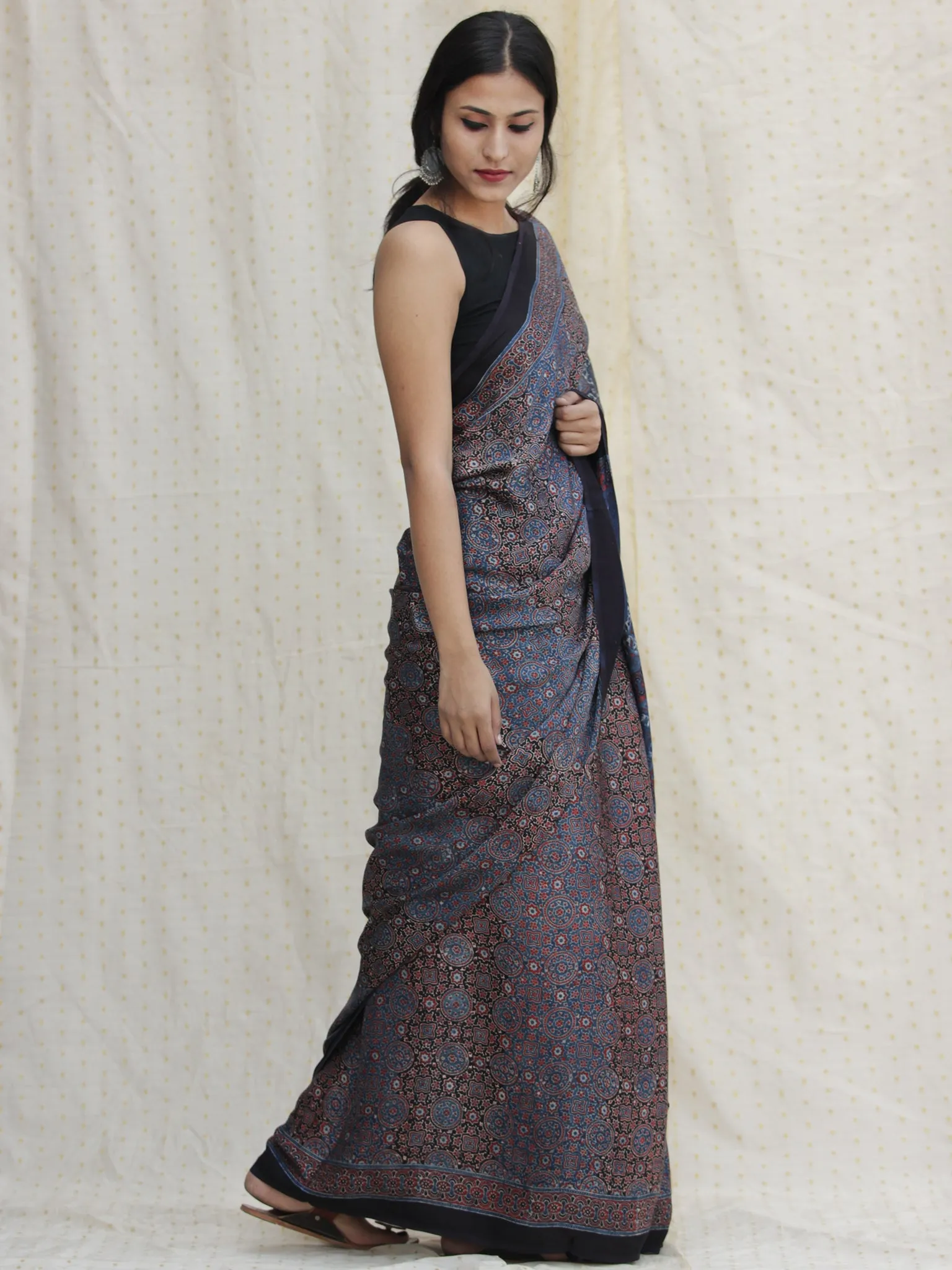 Indigo Black Red Ajrakh Hand Block Printed Modal Silk Saree - S031704127