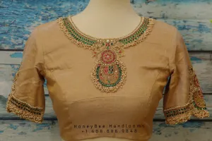 Jewelry work designer blouse - Pattu Saree Blouse -Maggam work blouse - Kundan work blouse - Gold Saree Blouse - Gold Blouse -tissue saree