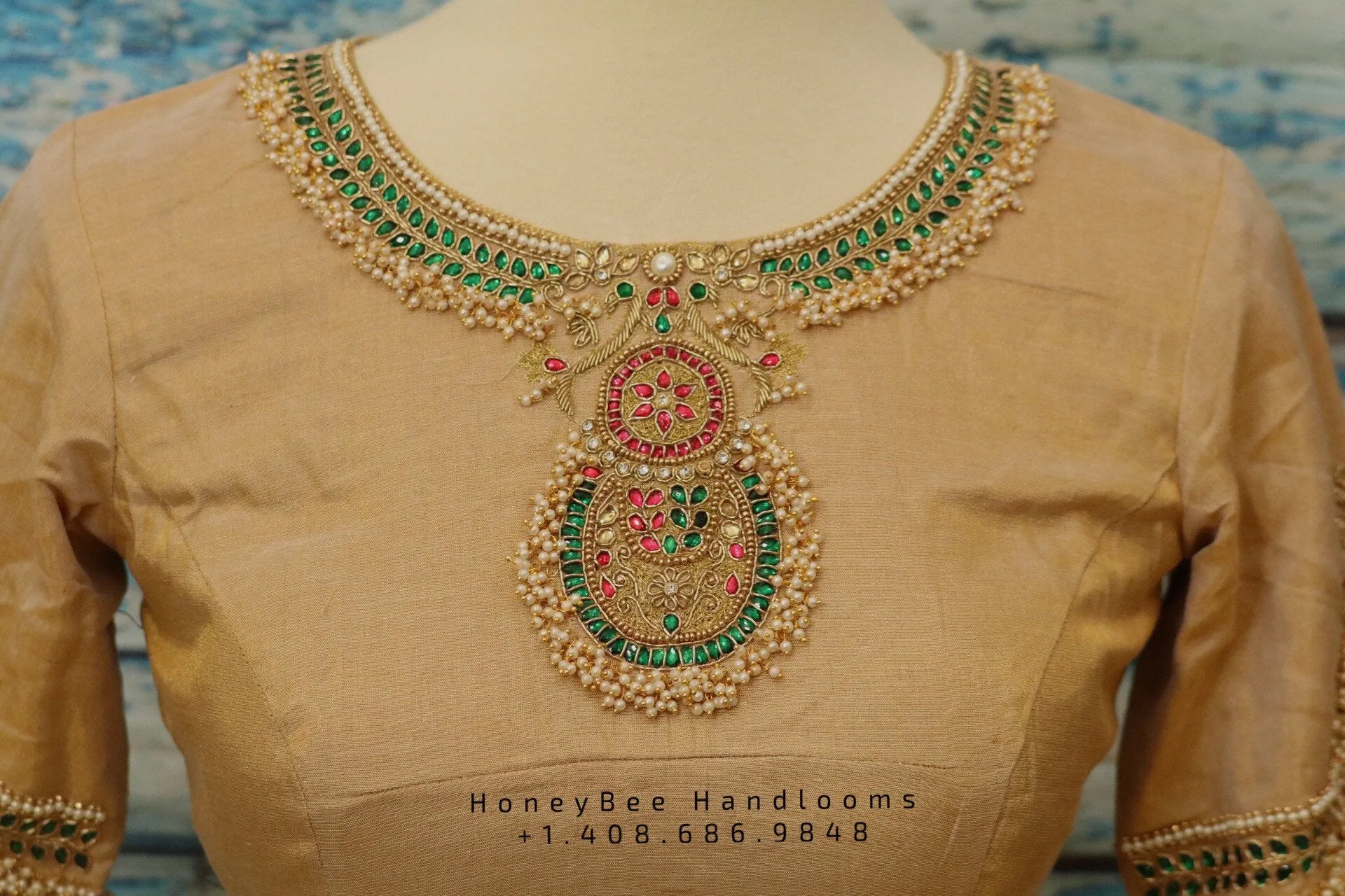 Jewelry work designer blouse - Pattu Saree Blouse -Maggam work blouse - Kundan work blouse - Gold Saree Blouse - Gold Blouse -tissue saree