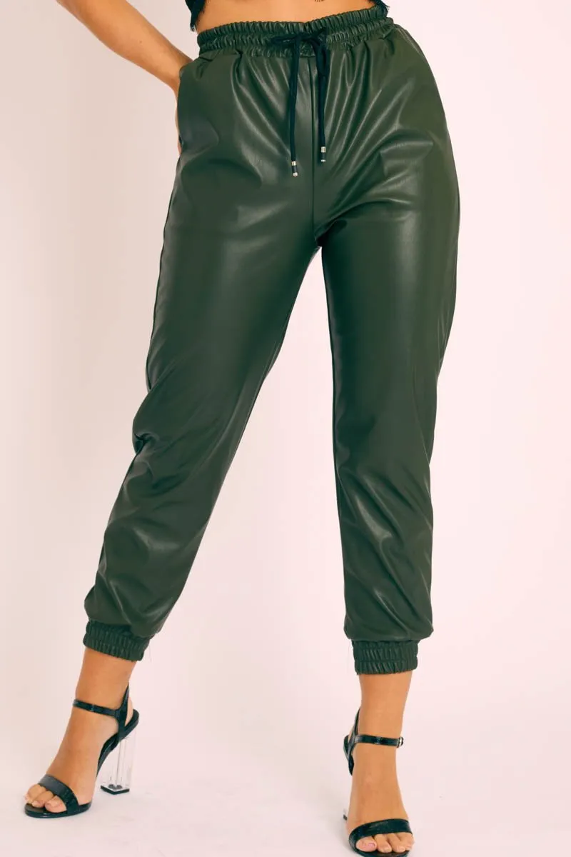 Khaki Faux Leather Drawstring Waist Joggers - Persia