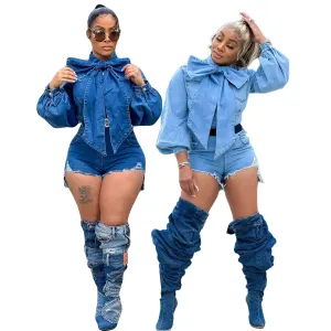 Lantern sleeves fashion casual sexy jeans Romper AY1988