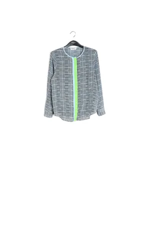 Large check blue print blouse with contrasting stripe